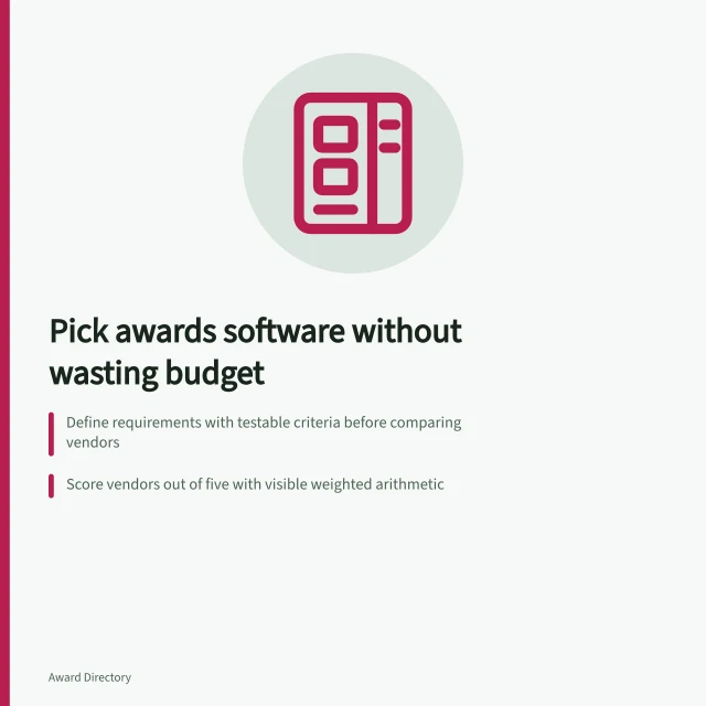 Card on selecting business awards software through requirements, scoring and pilots. When to choose business awards software for UK programme teams