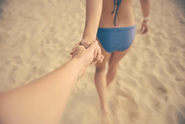couple, beach, holding, hands, holding hands, lovers, together, affection, relationship, sand, sandy beach, bikini, back, nature, love, woman, man, people, roma