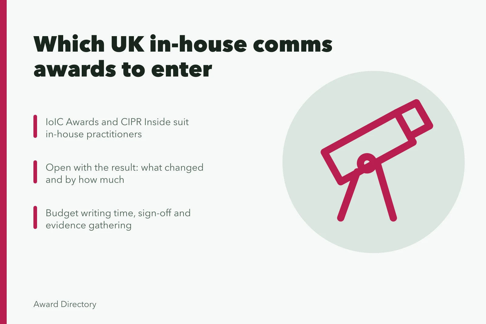 Card listing UK in-house communications awards and entry advice