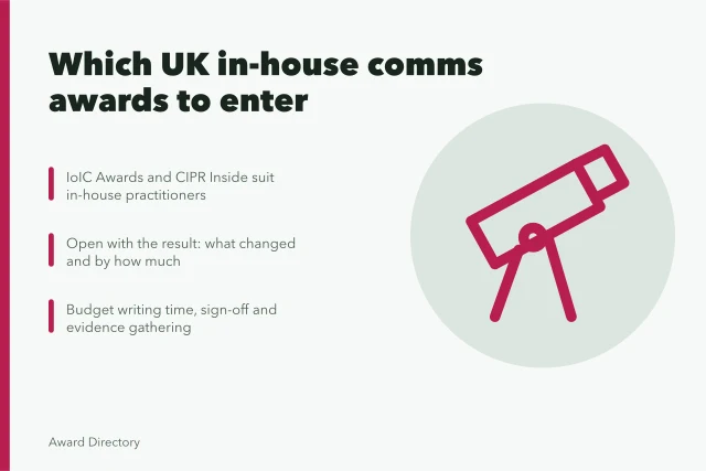 Card listing UK in-house communications awards and entry advice