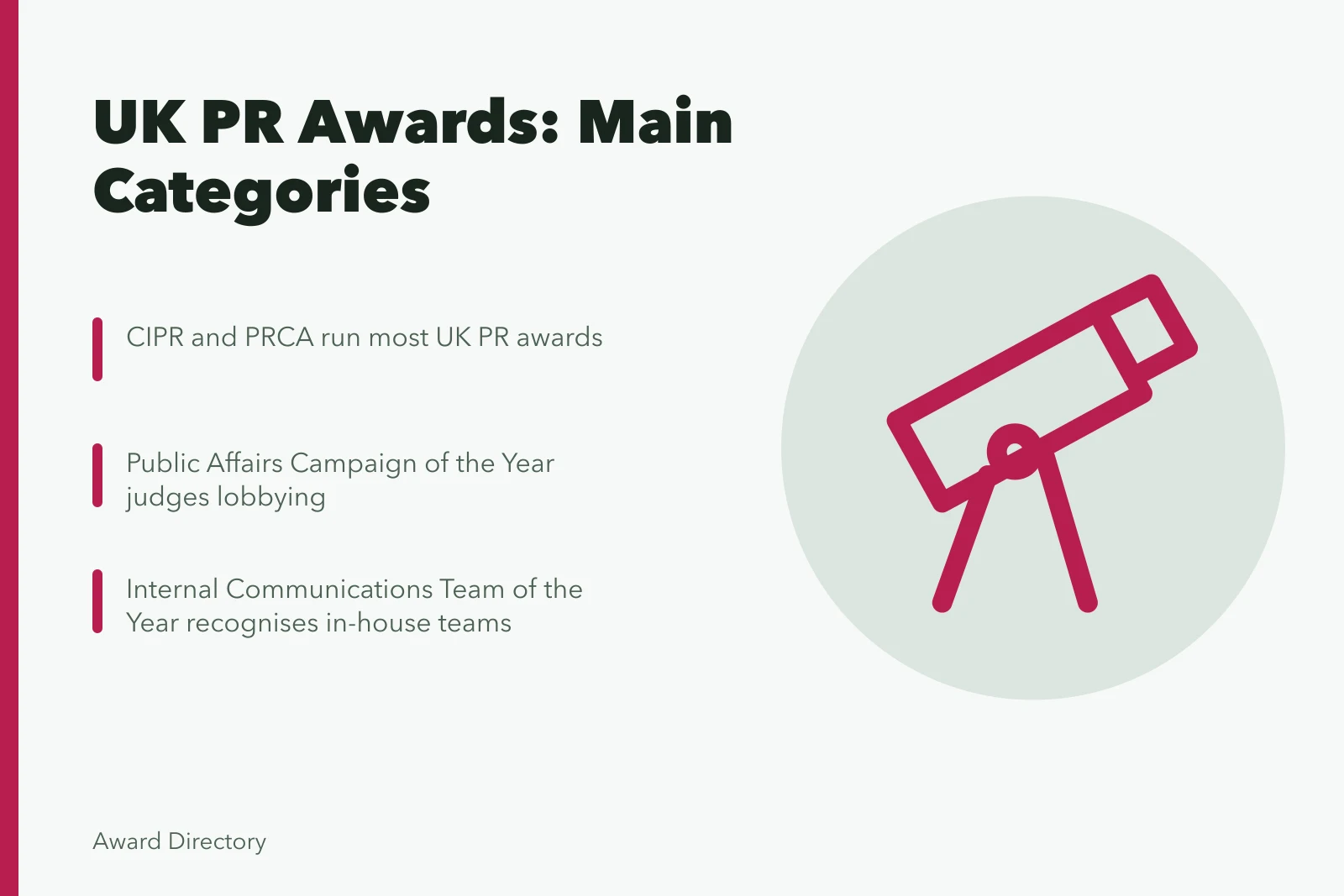 Card listing UK PR awards categories from CIPR and PRCA