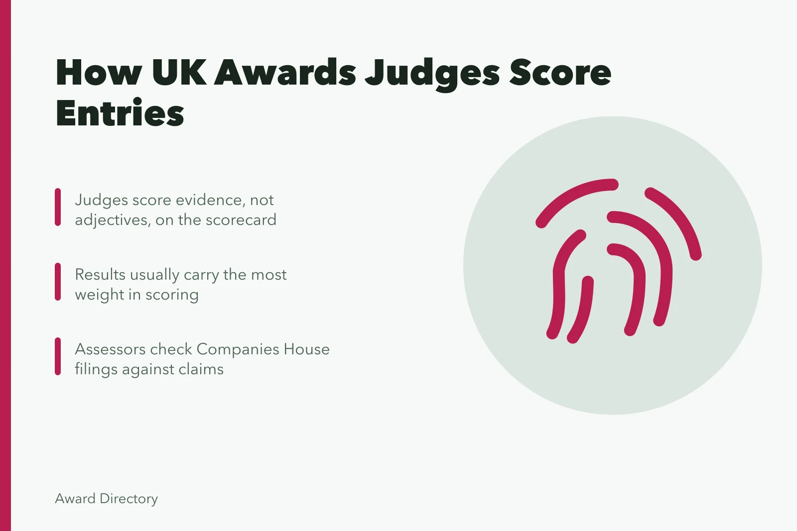 Card explaining UK business awards judging criteria and evidence requirements