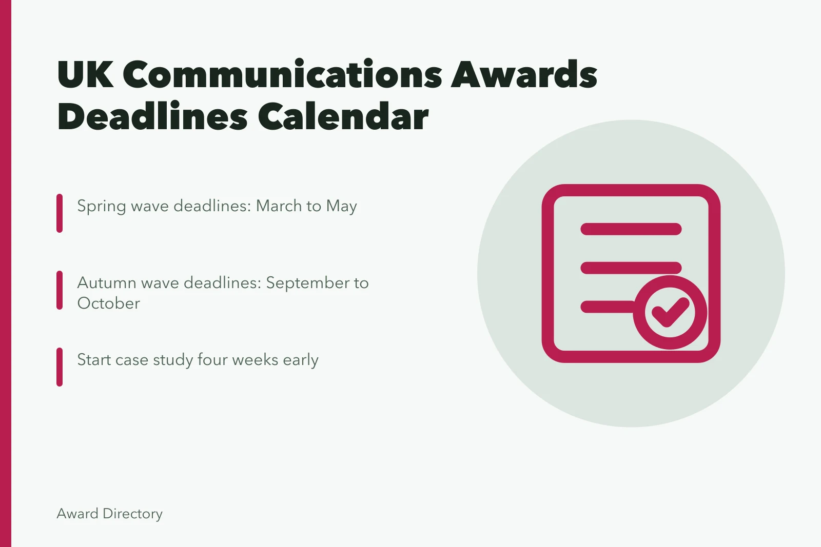 Calendar showing UK communications awards deadlines for spring and autumn waves.